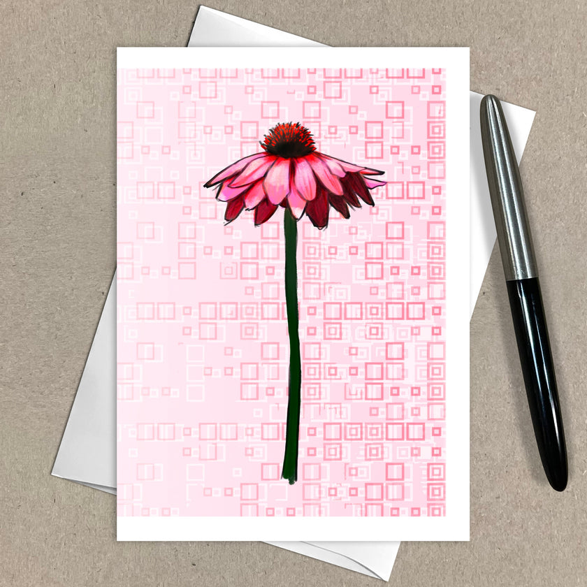 Greeting card with pink flower design on a beige background