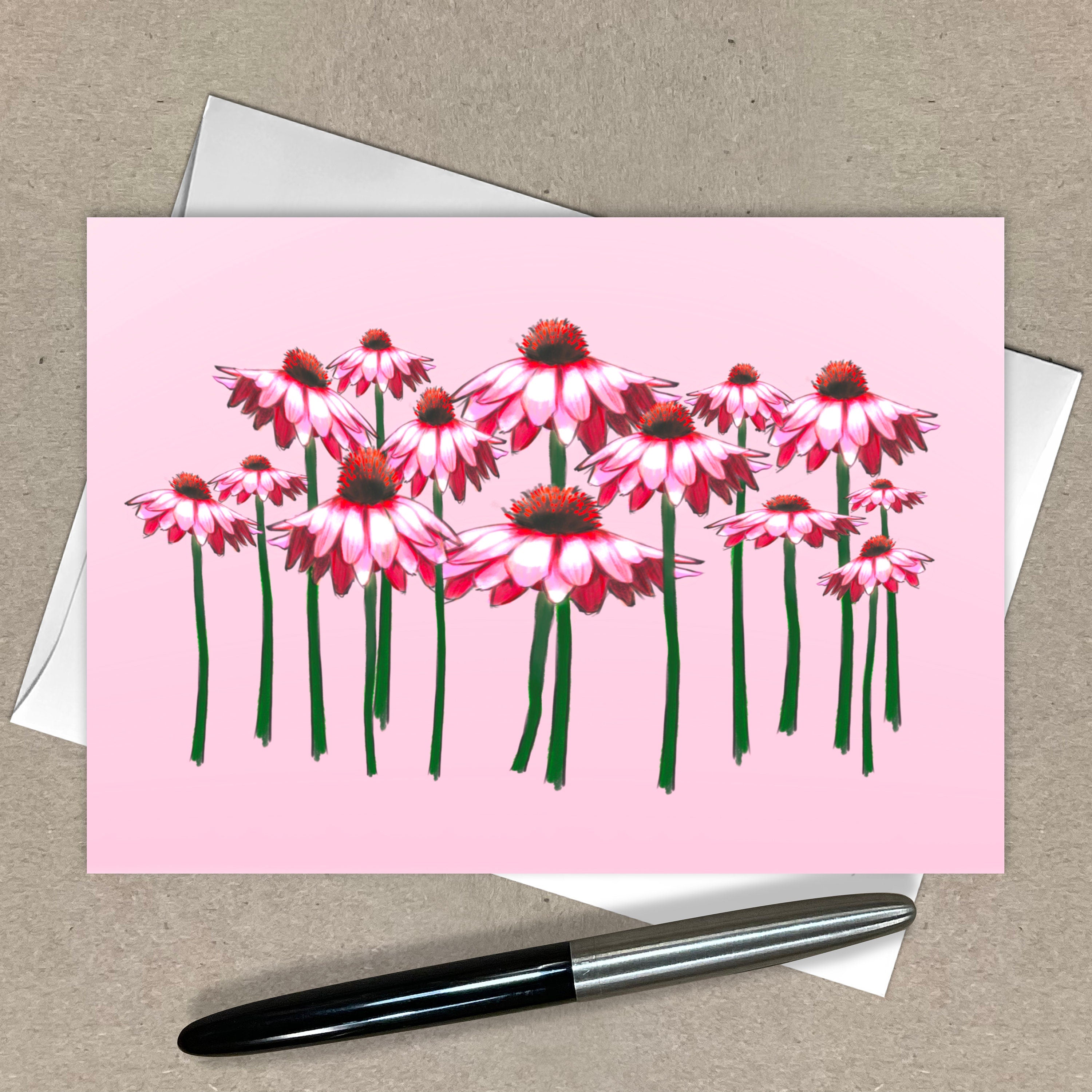Card with pink floral design on a beige background