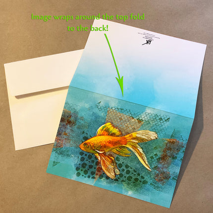 Greeting card with a goldfish illustration on a brown background