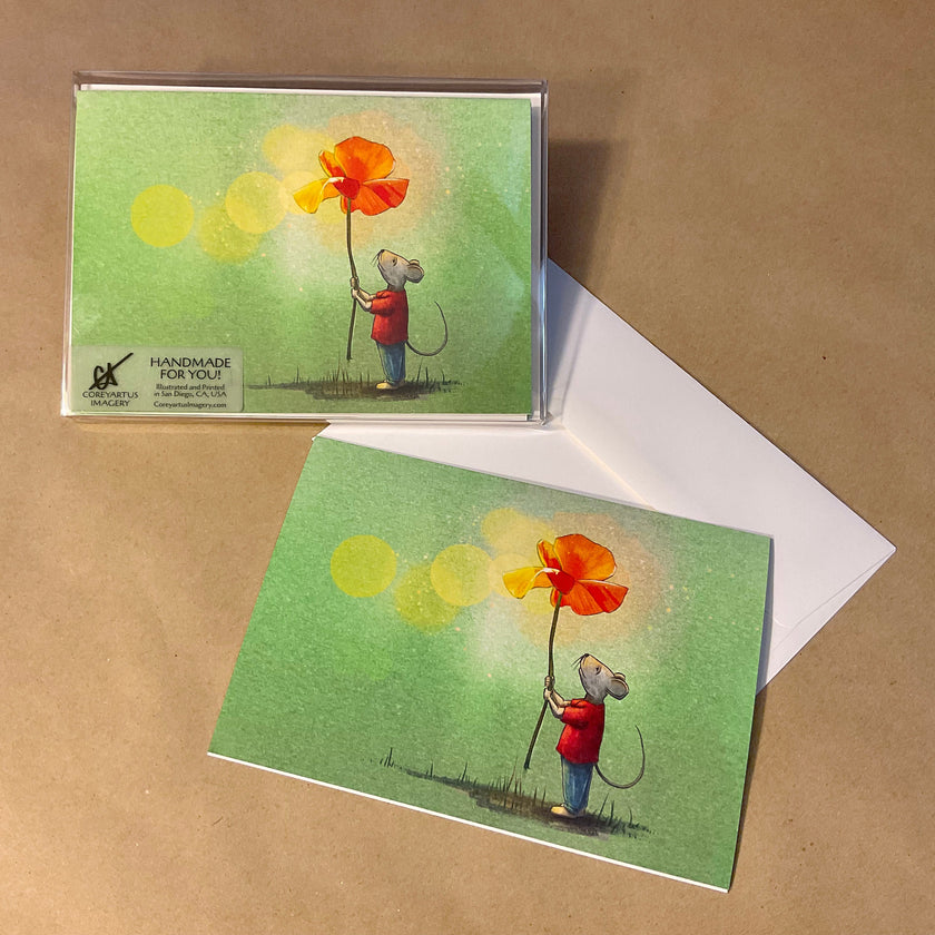 Greeting card with a mouse holding a flower, on a brown background