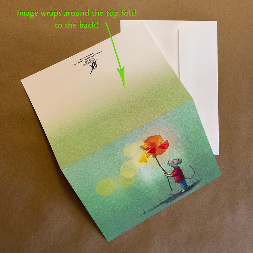Greeting card with a colorful illustration of a mouse holding a flower, on a brown background.