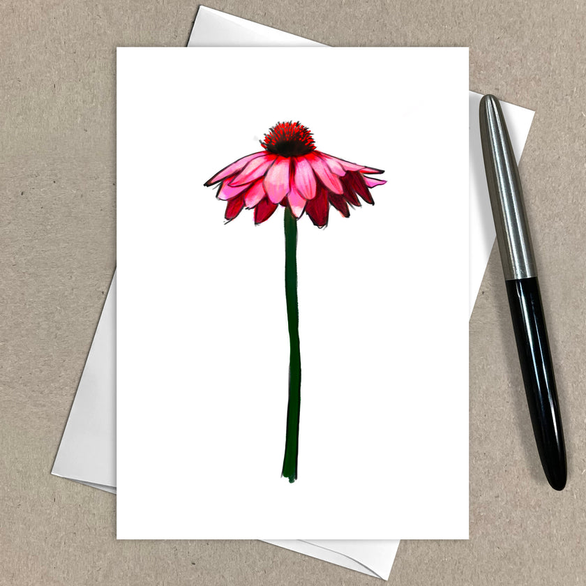 Greeting card with a pink flower illustration on a beige background