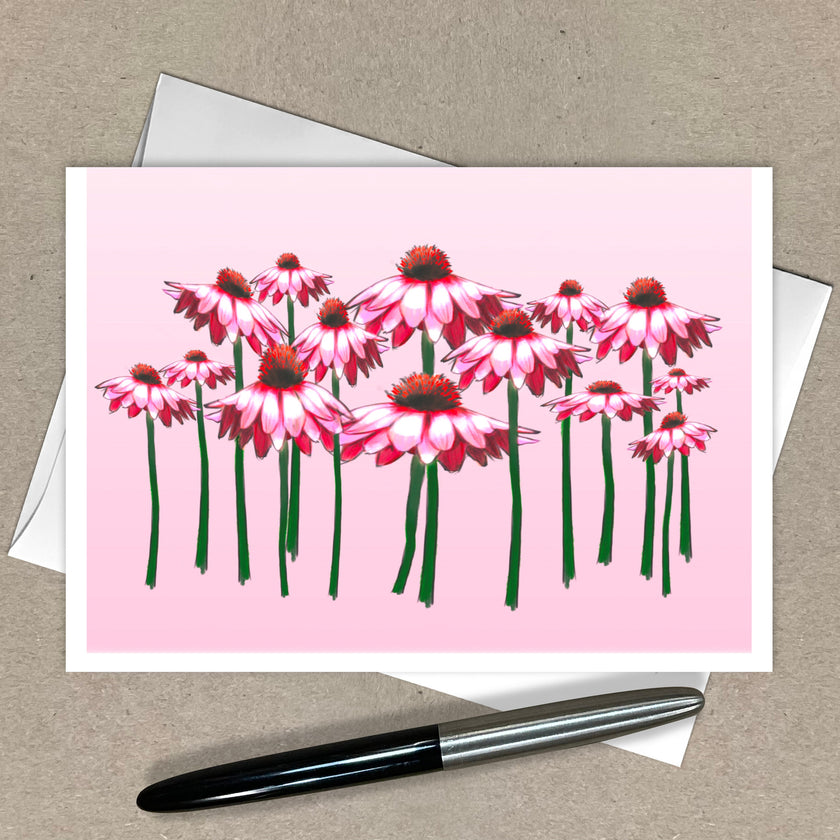 Card with pink floral design on a beige background