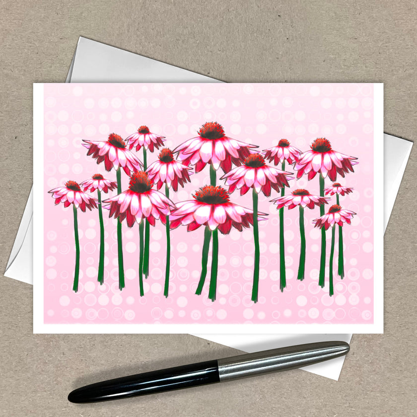 Greeting card with pink floral design on a beige background