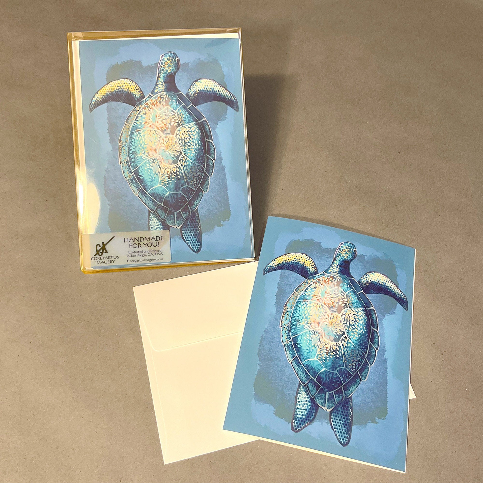Greeting card with turtle design on a brown background