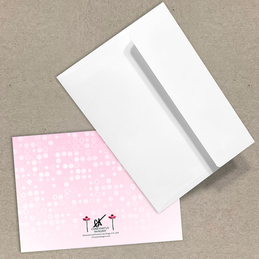 White envelope and pink card with a brand logo on a beige background