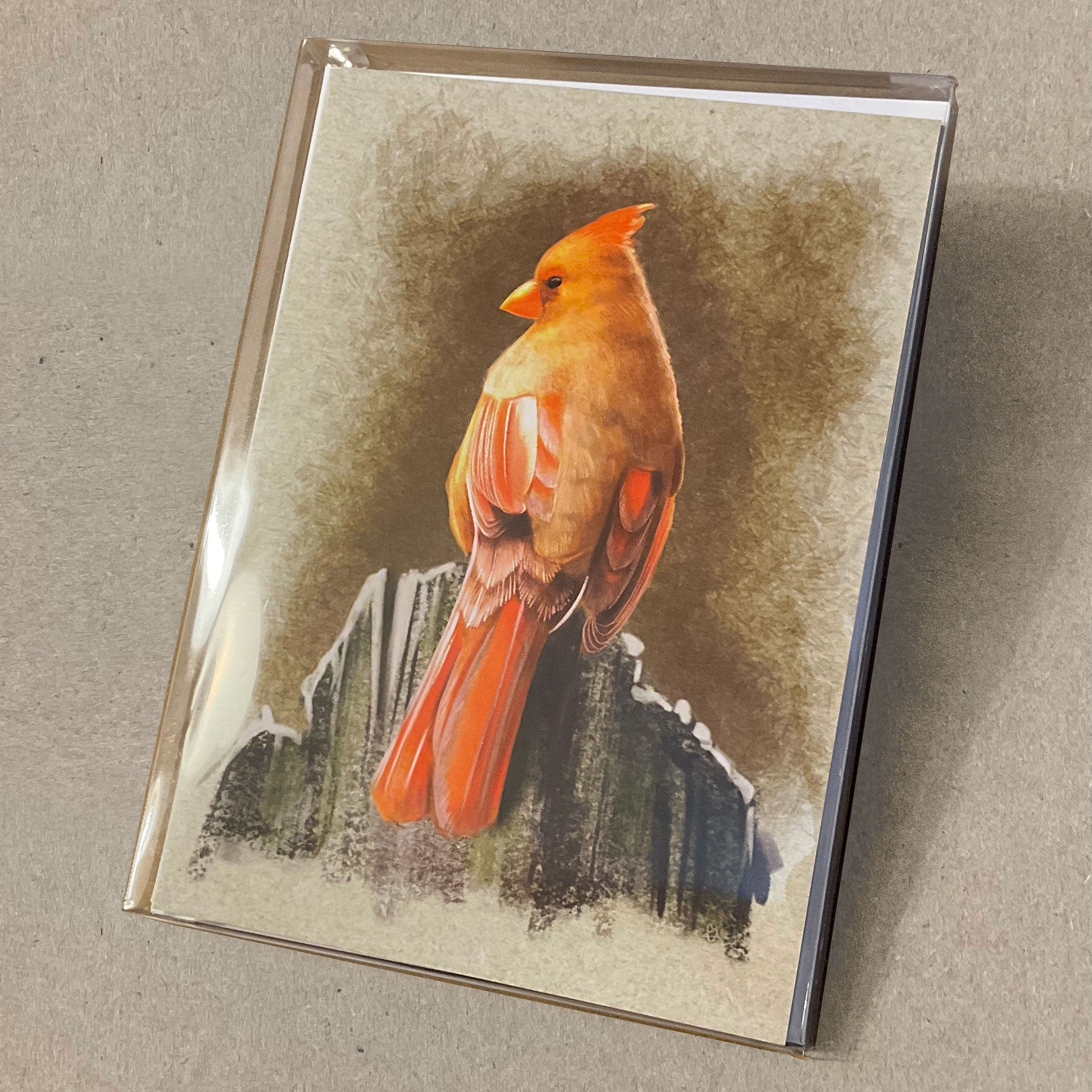 Card with a red cardinal bird design on a textured background