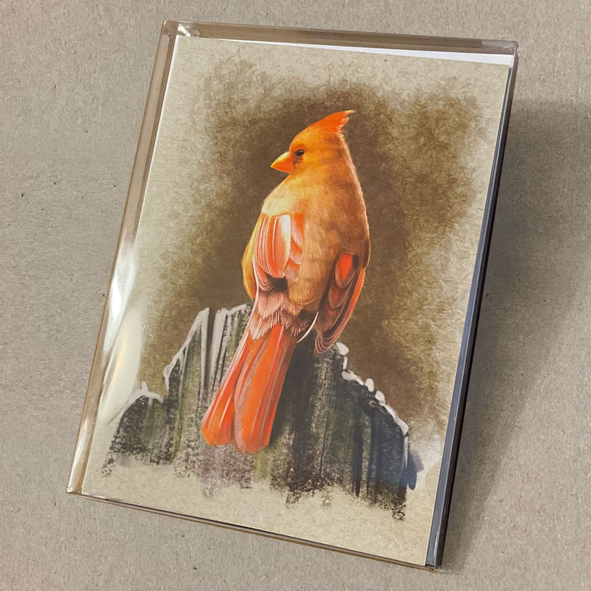 Card with a red cardinal bird design on a textured background