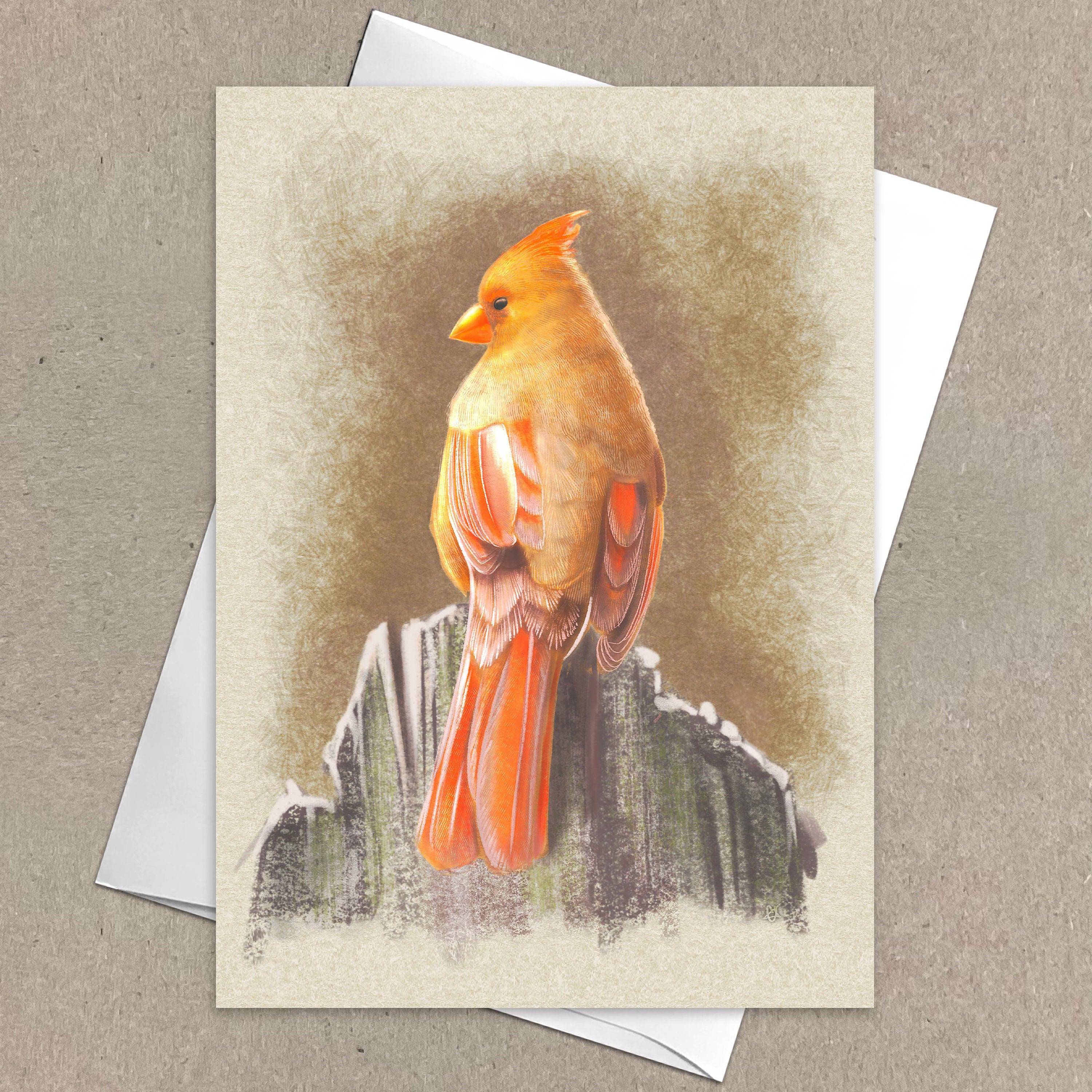 Card with a painted orange bird on a textured background