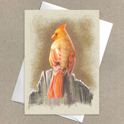 Card with a painted orange bird on a textured background