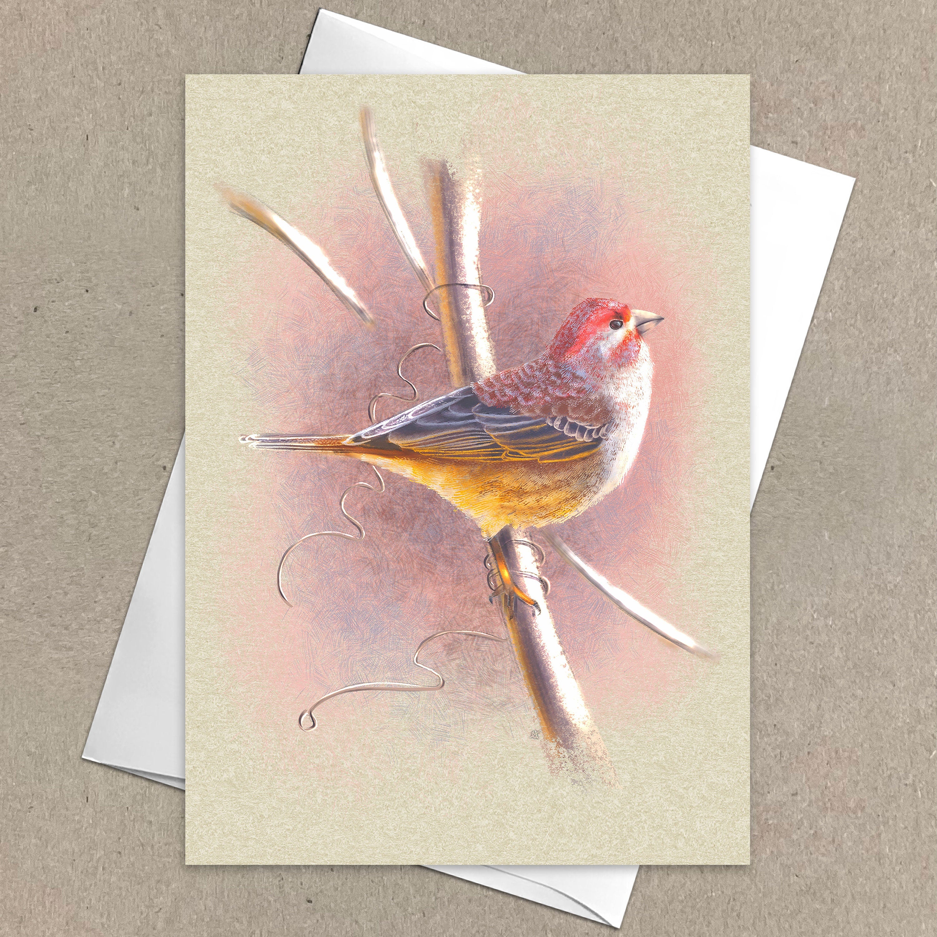 Greeting card with a bird illustration on a beige background