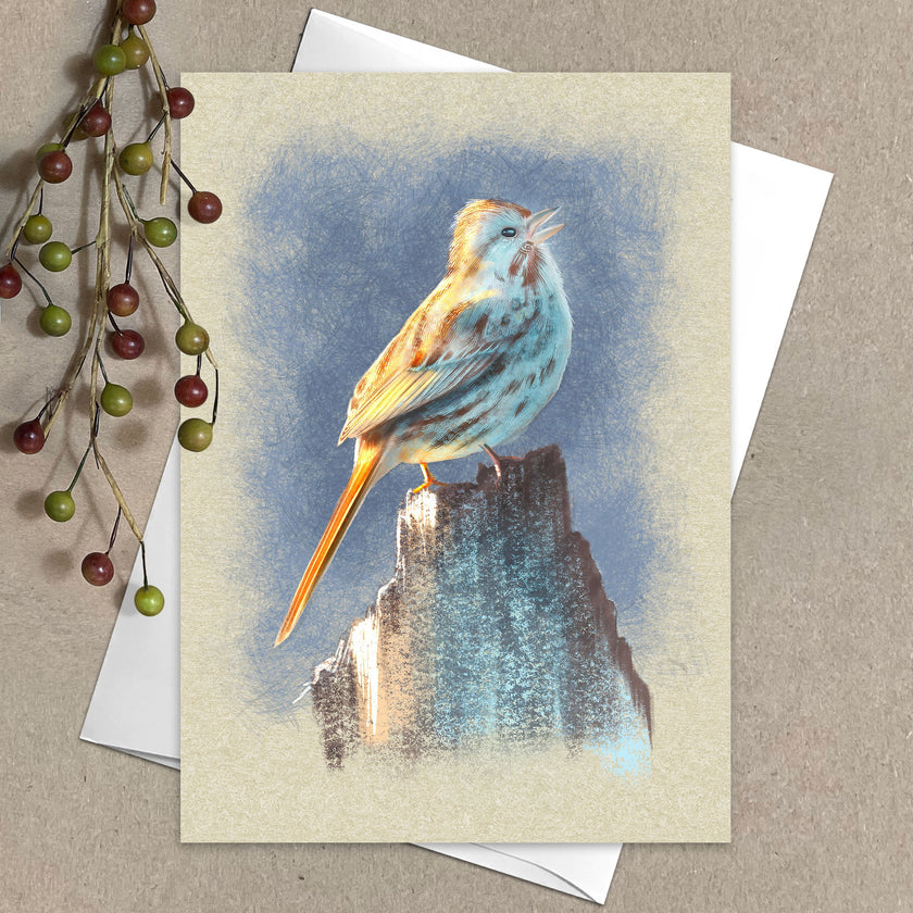 Greeting card with a bird illustration on a beige background
