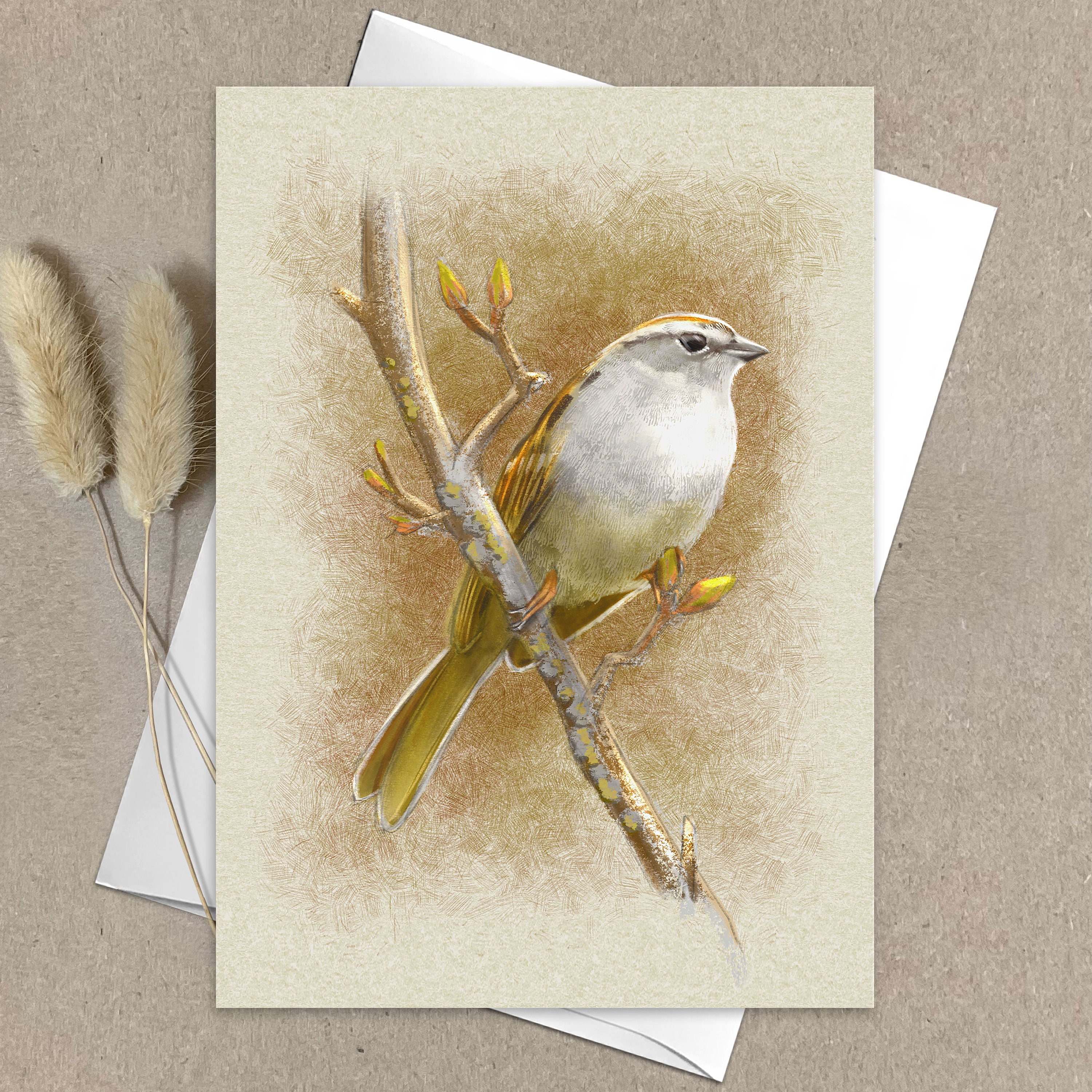 Greeting card with a bird illustration on a beige background