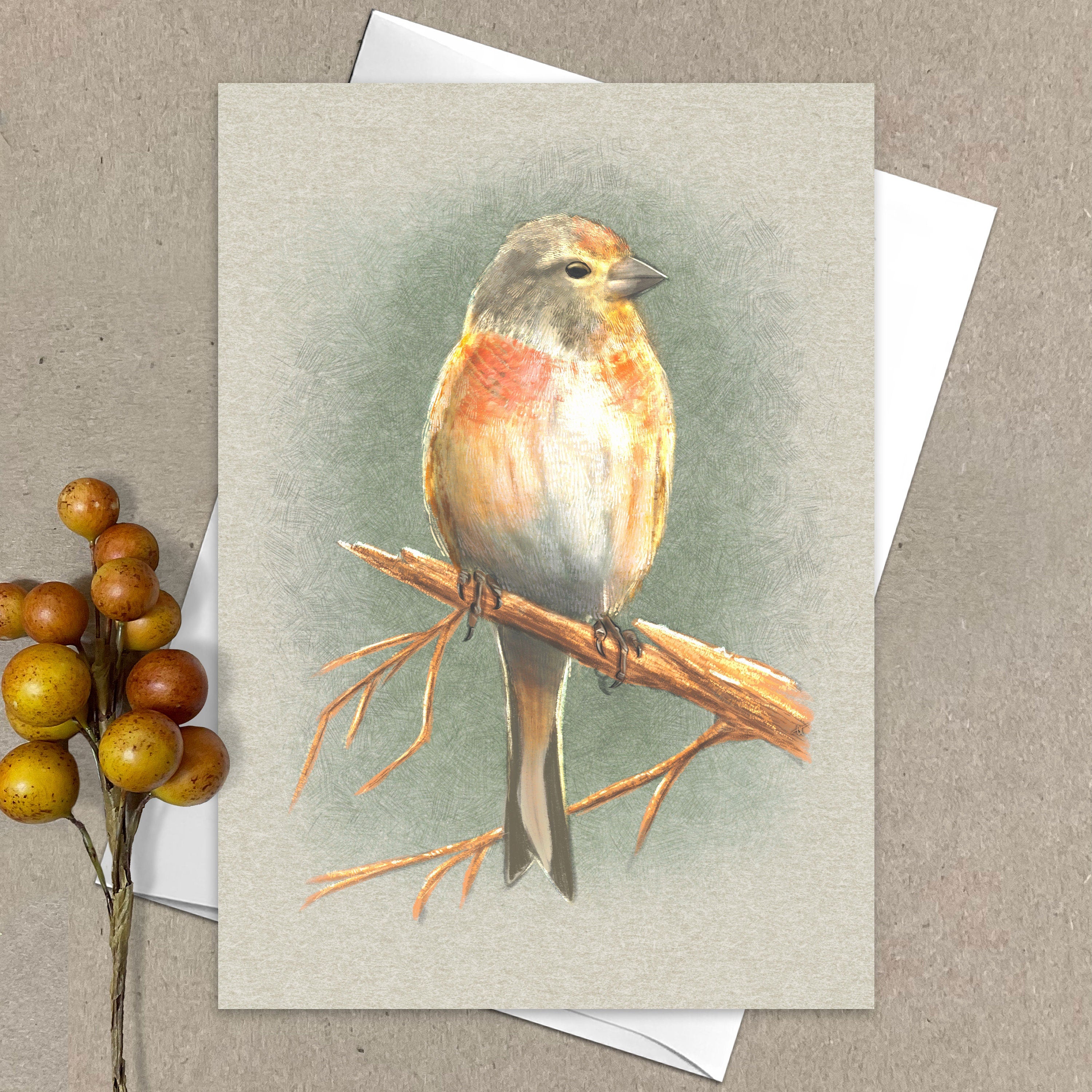 Greeting card with a bird illustration on a beige background