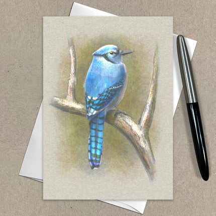 Greeting card with a blue bird illustration on a brown background