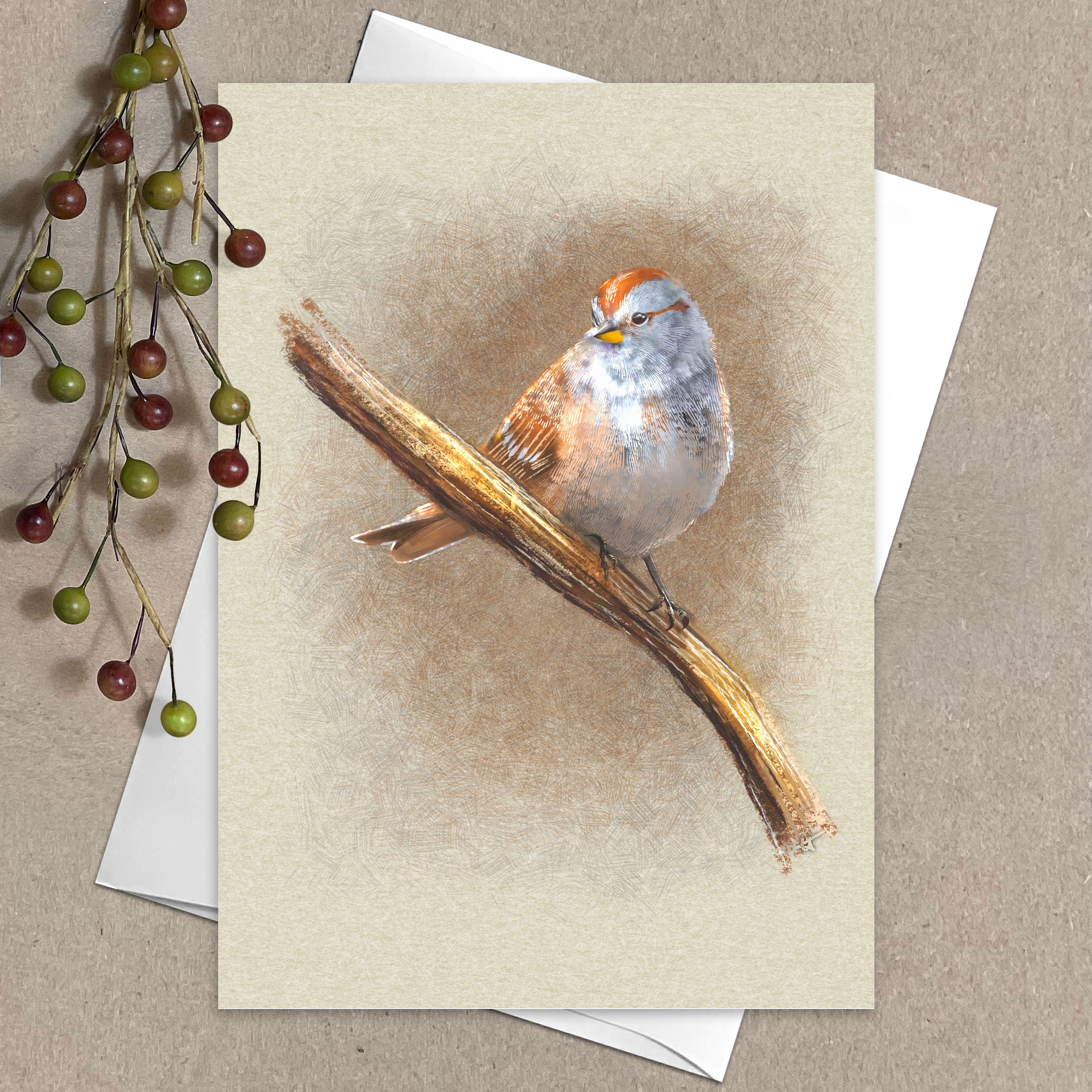 Greeting card with a bird illustration on a beige background