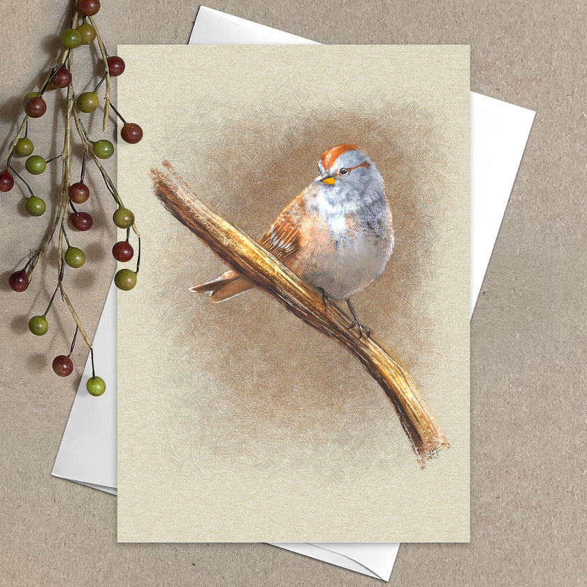 Greeting card with a bird illustration on a beige background