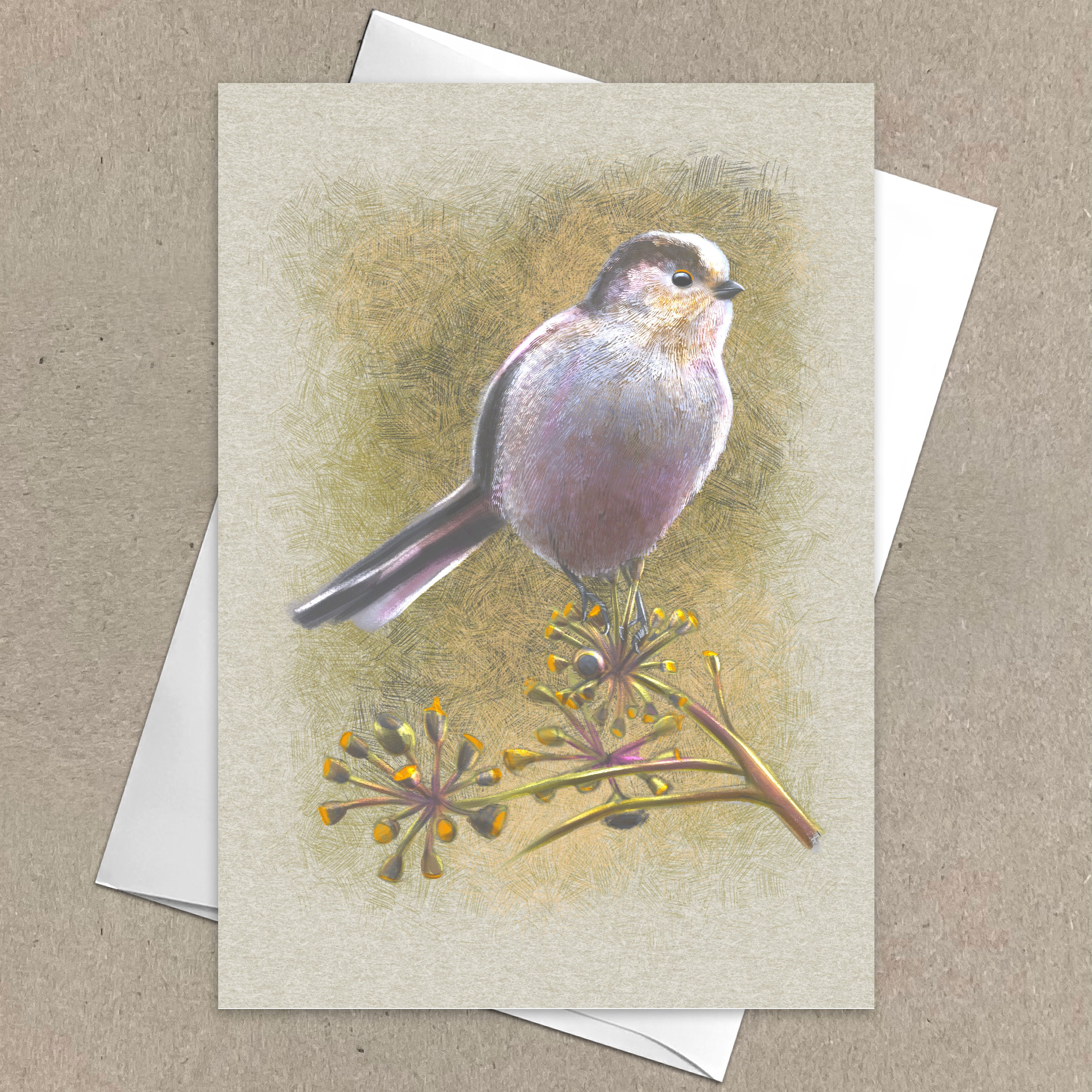 Greeting card with a bird illustration on a beige background