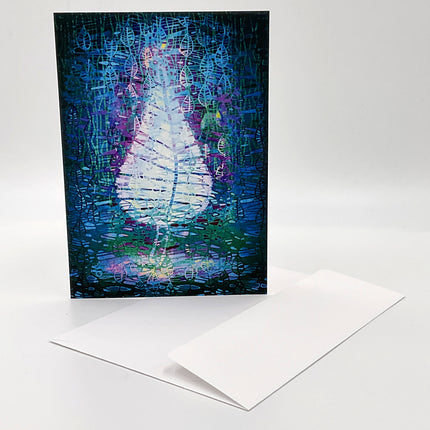 Greeting card with abstract design featuring a white leaf on a blue background