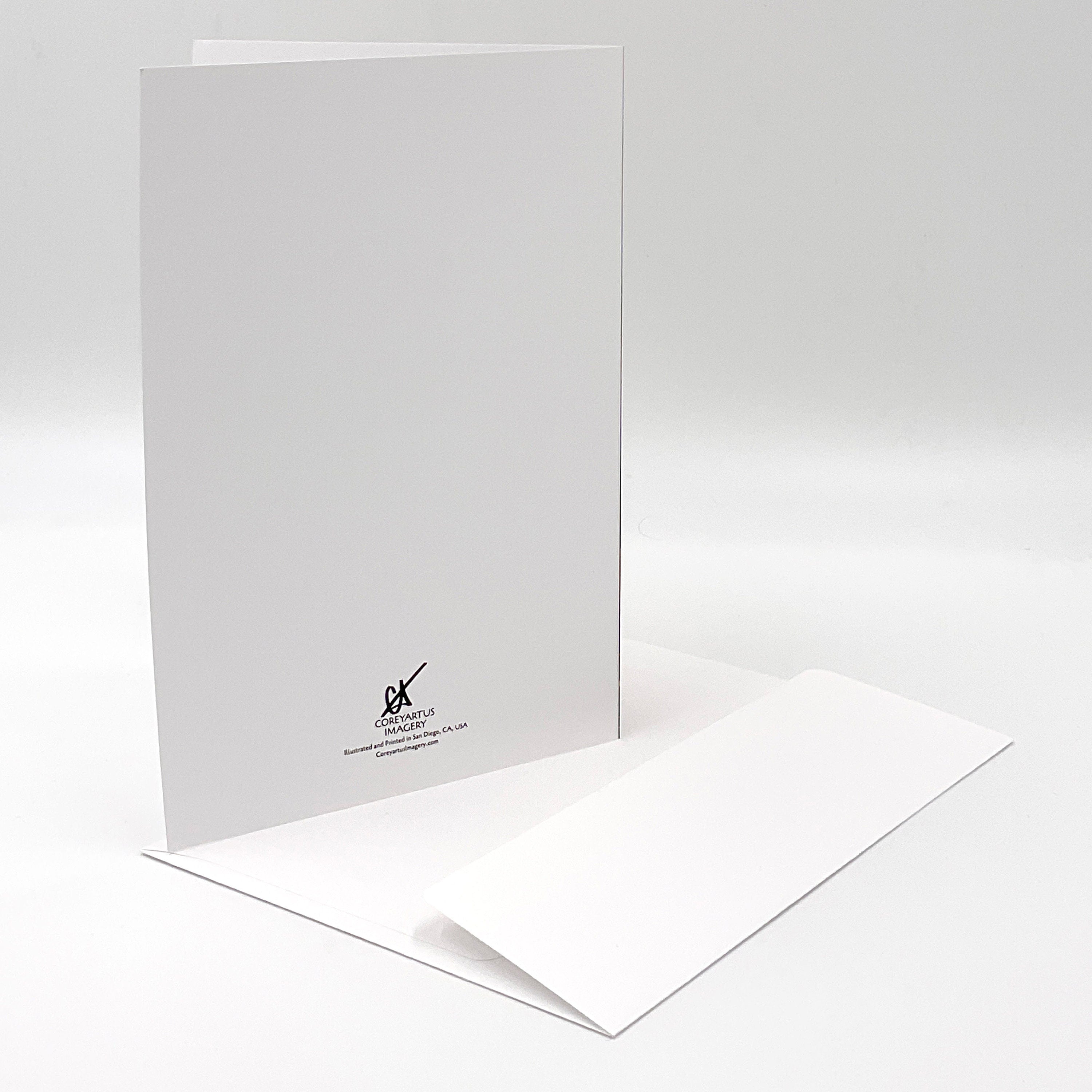 White greeting card with a visible brand logo on a white background