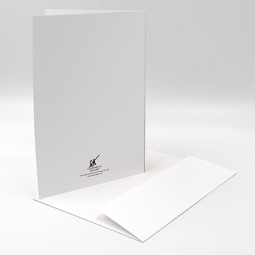 White greeting card with a visible brand logo on a white background