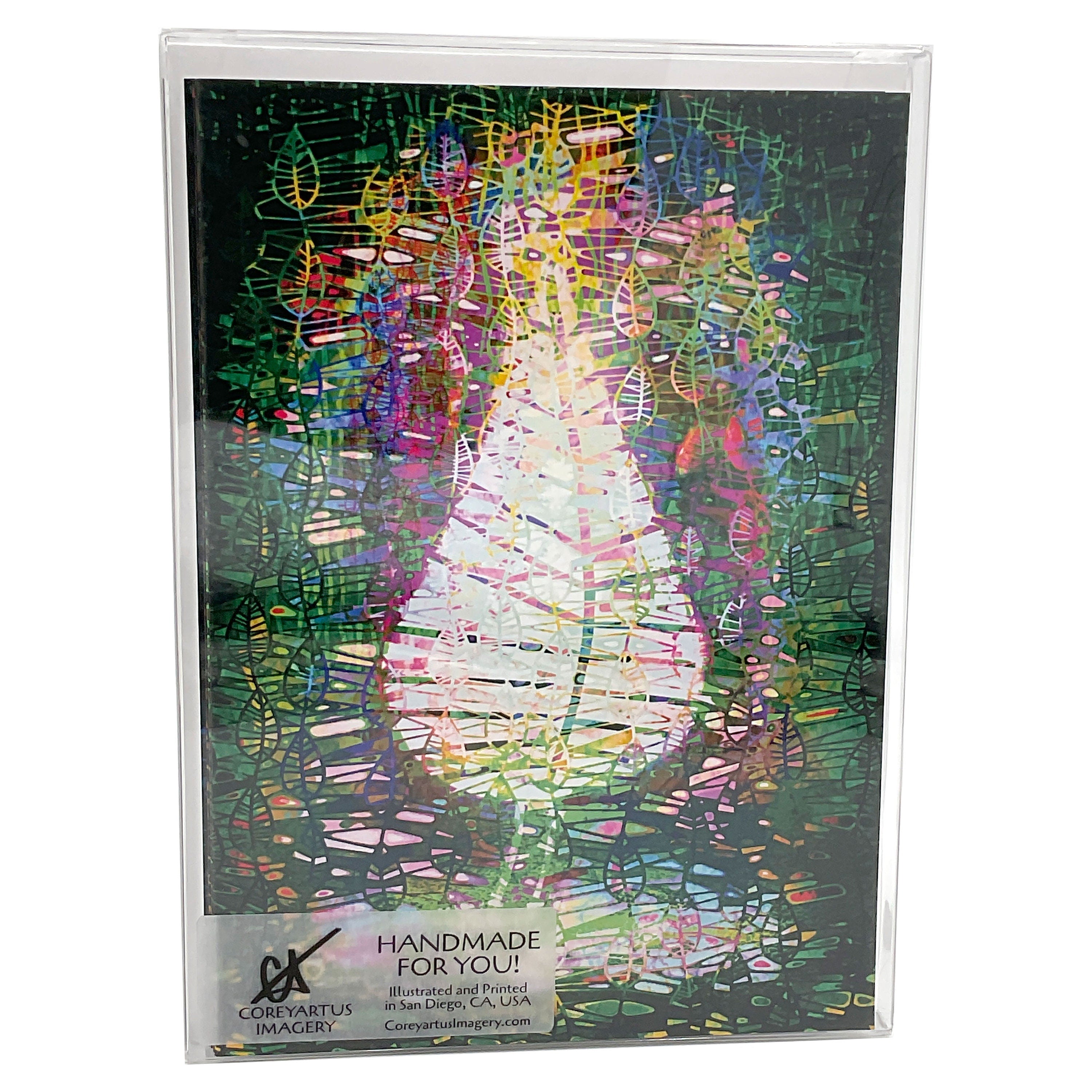 Colorful abstract design on a clear card packed in a white plastic box.
