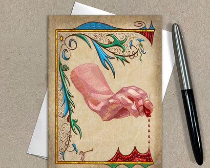 Greeting card with a stylized illustration of a hand holding a sealing wax stick, surrounded by medieval decorative elements on a beige background.