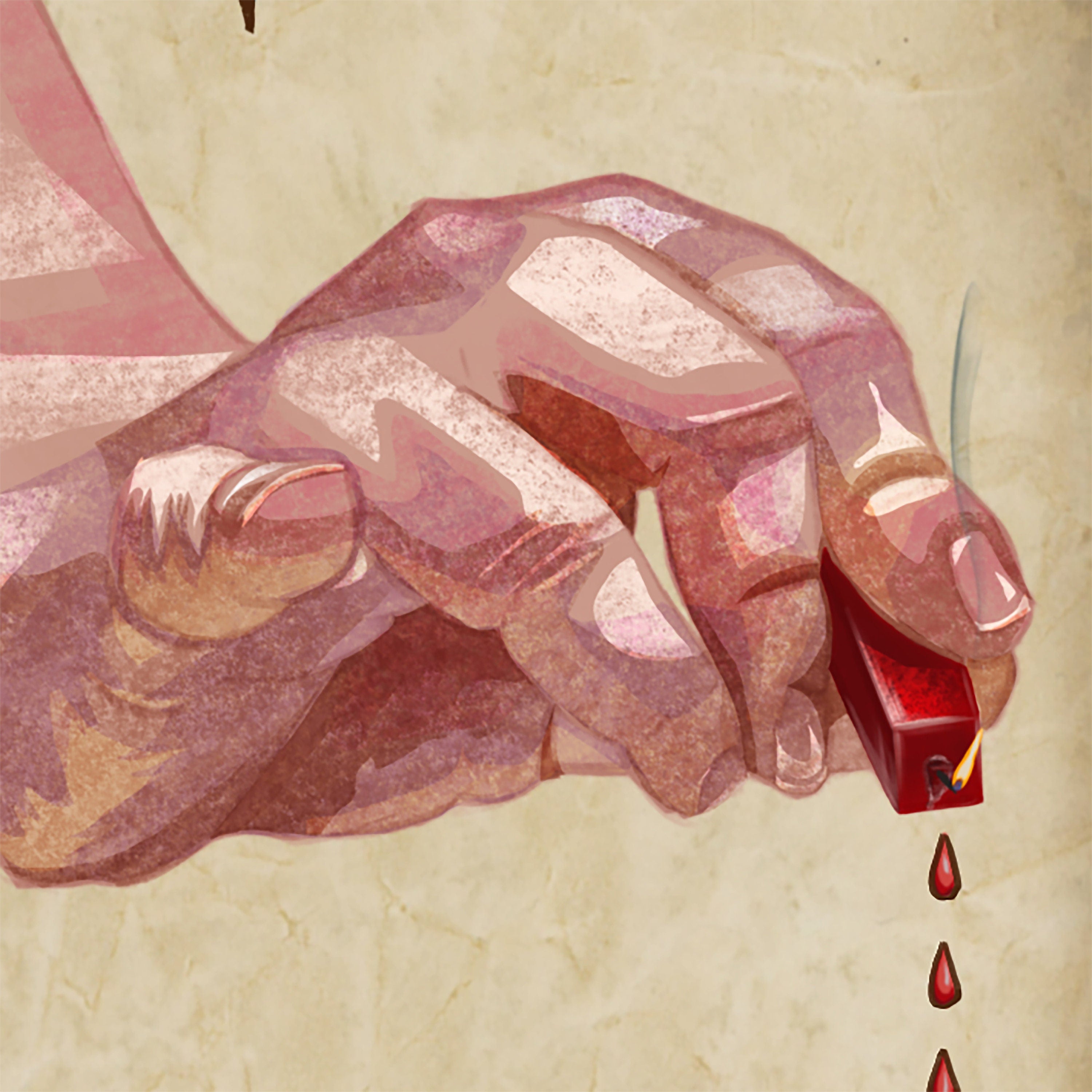 Illustration of a hand holding a sealing wax stick with flames, on a textured beige background.