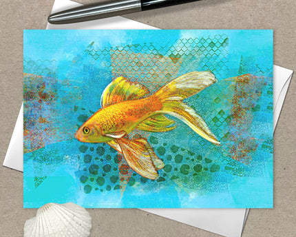 Greeting card with a goldfish illustration on a textured blue background
