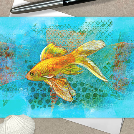 Greeting card with a goldfish illustration on a textured blue background