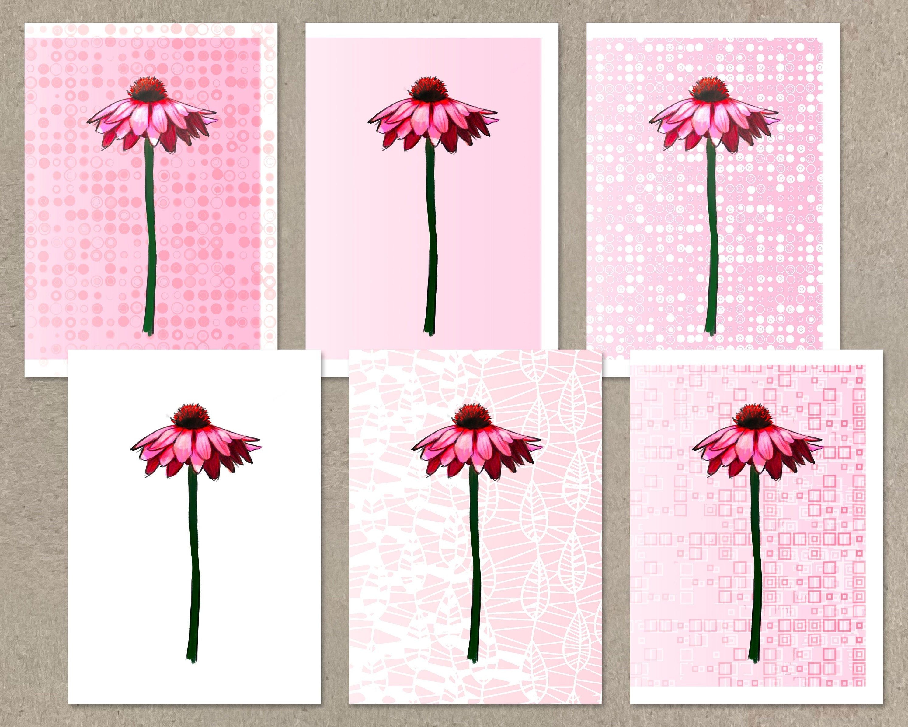 Set of six pink flower prints on a textured beige background