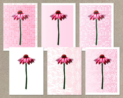 Set of six pink flower prints on a textured beige background