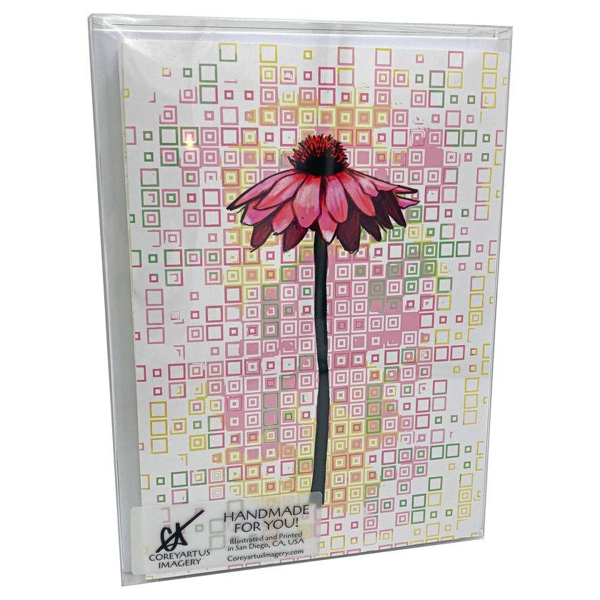 Greeting card with a pink flower design on a patterned background packed in a clear case