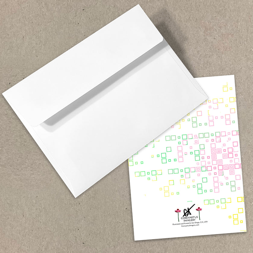 White envelope and card with colorful geometric pattern on a beige background