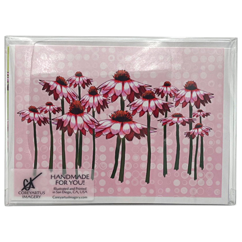 Card with pink and red floral design on a pink background, packaged in a clear case.