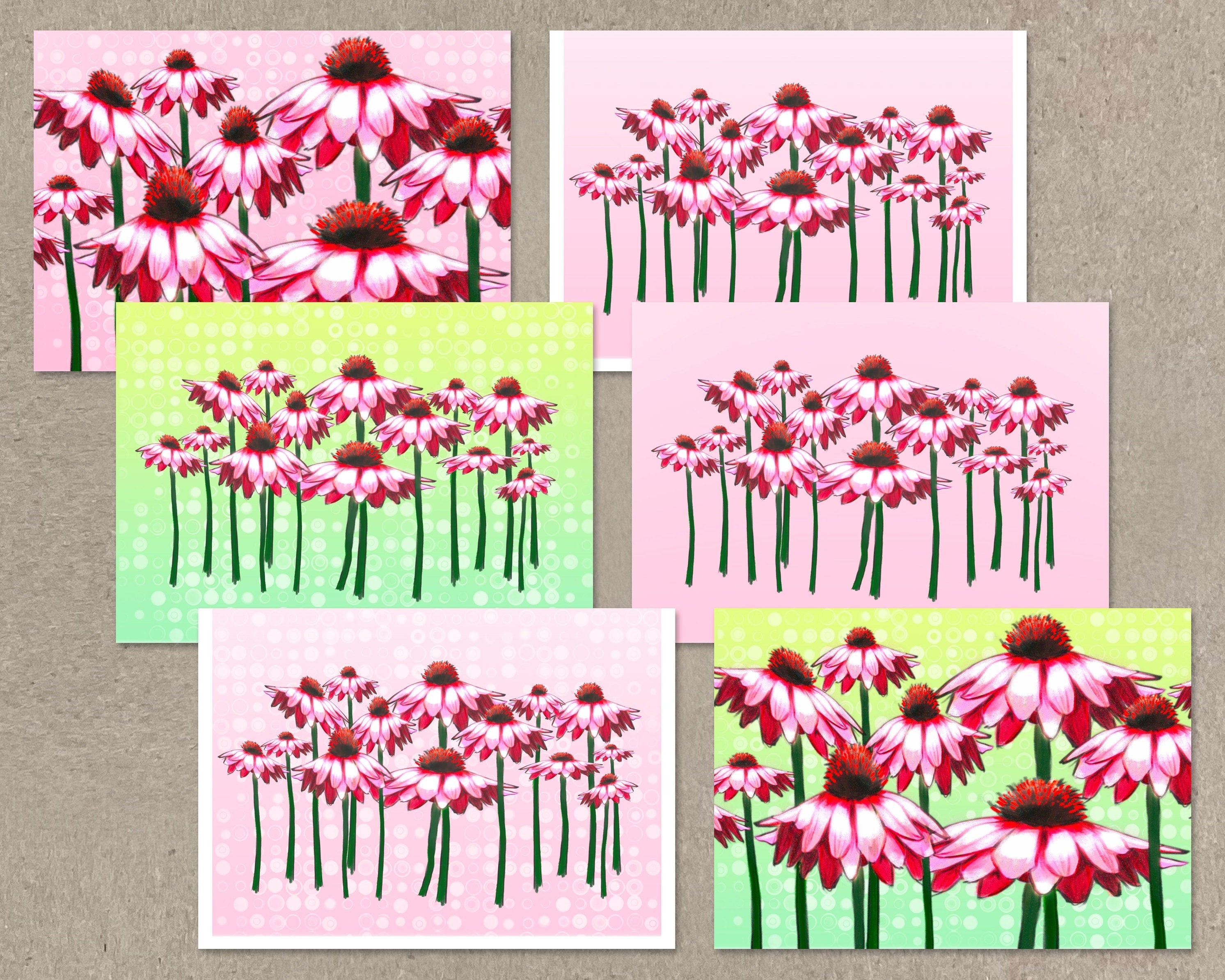 Set of floral greeting cards with pink and red flowers on a textured surface