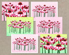 Set of floral greeting cards with pink and red flowers on a textured surface
