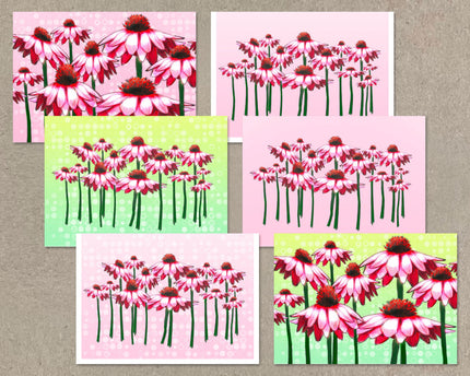 Set of floral greeting cards with pink and red flowers on a textured surface