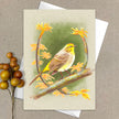 Greeting card with a yellow bird illustration on a beige background