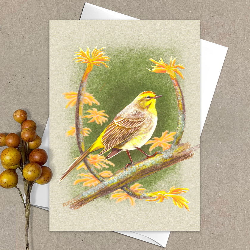 Greeting card with a yellow bird illustration on a beige background