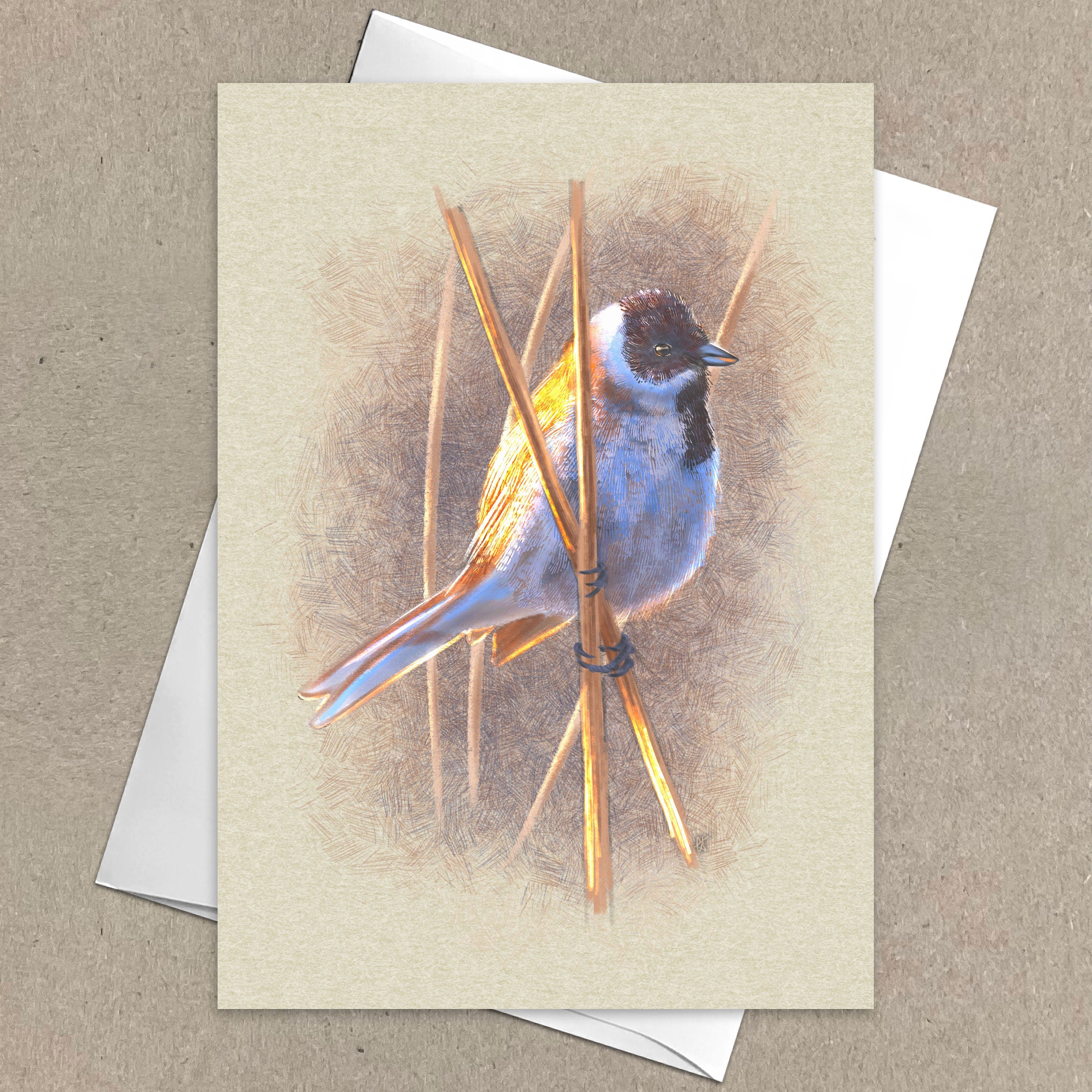 Greeting card with a bird illustration on a beige background