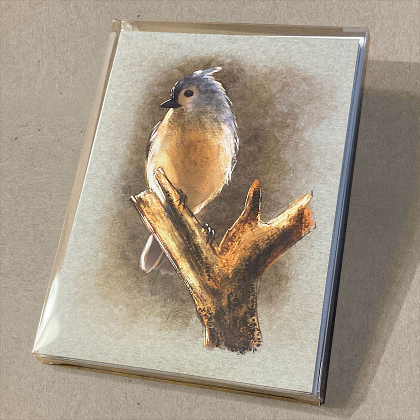 Page of greeting cards with a bird illustration on a beige background