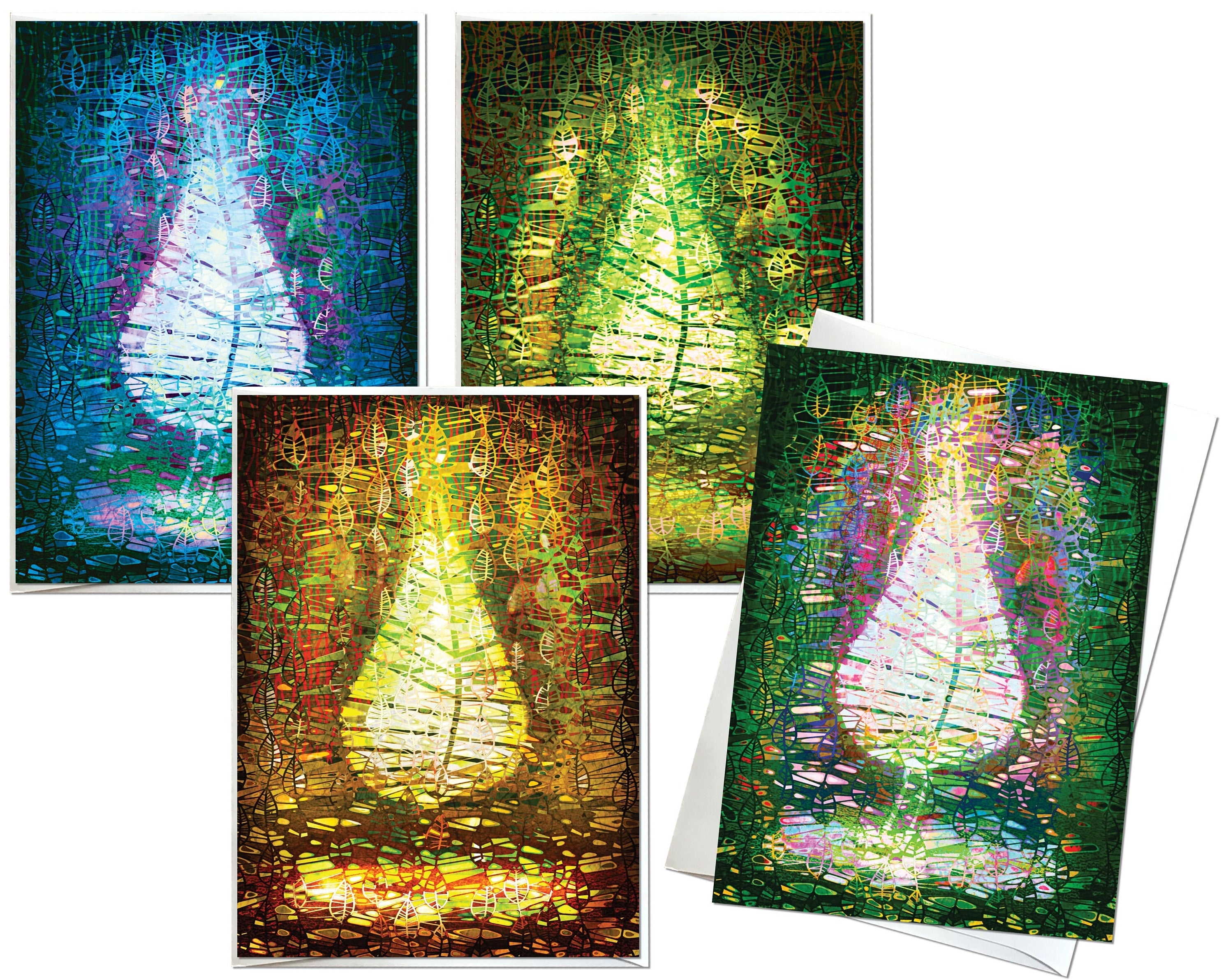 Set of four colorful greeting cards with abstract designs on a white background