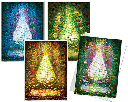 Set of four colorful greeting cards with abstract designs on a white background