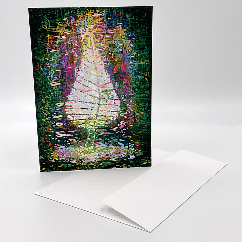 Colorful abstract art card with a white envelope on a white background