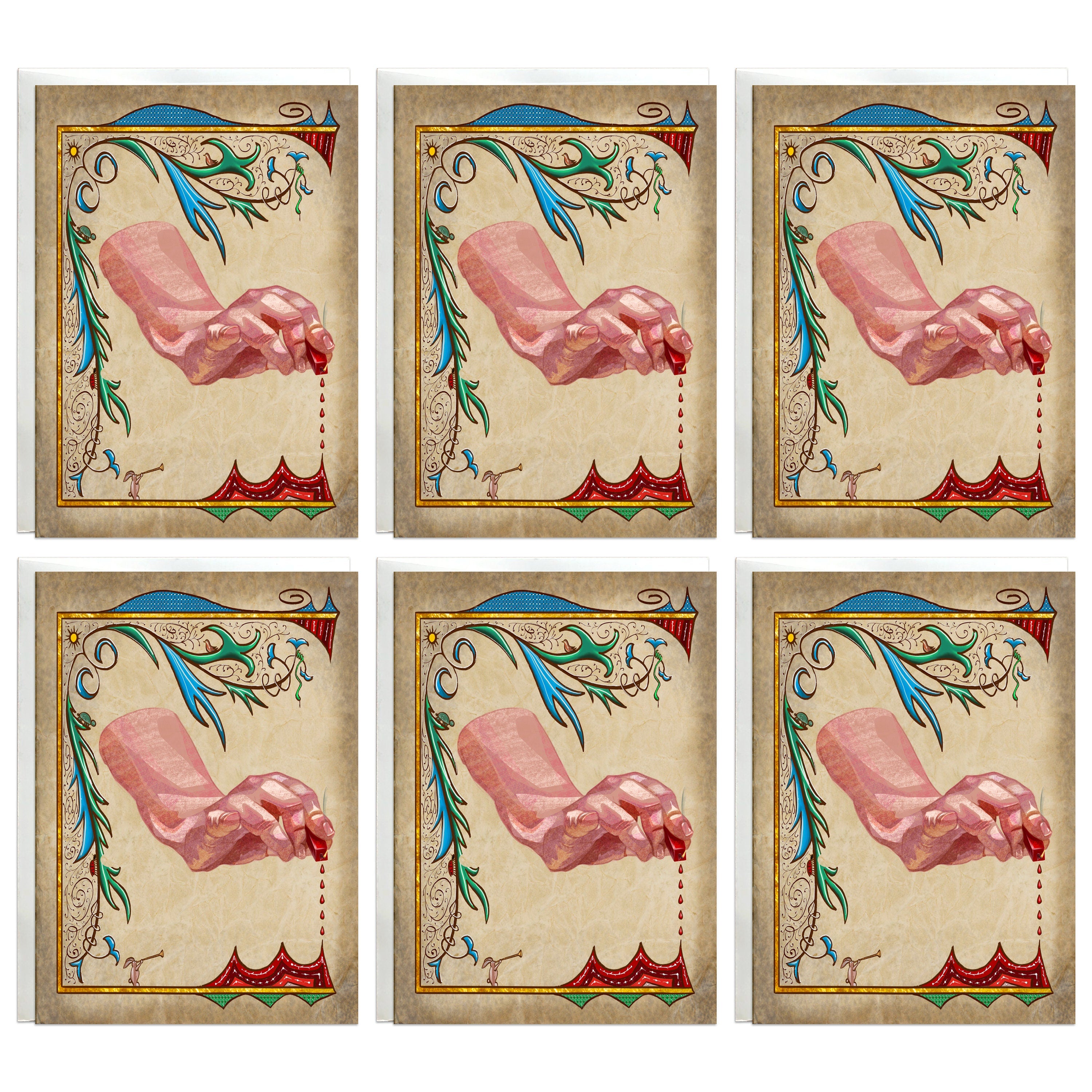 Set of six cards with a pink hand holding a sealing wax stick on a decorative beige background.