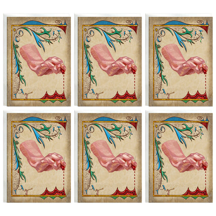 Set of six cards with a pink hand holding a sealing wax stick on a decorative beige background.