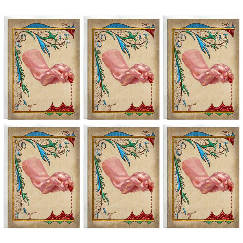 Set of six cards with a pink hand holding a sealing wax stick on a decorative beige background.