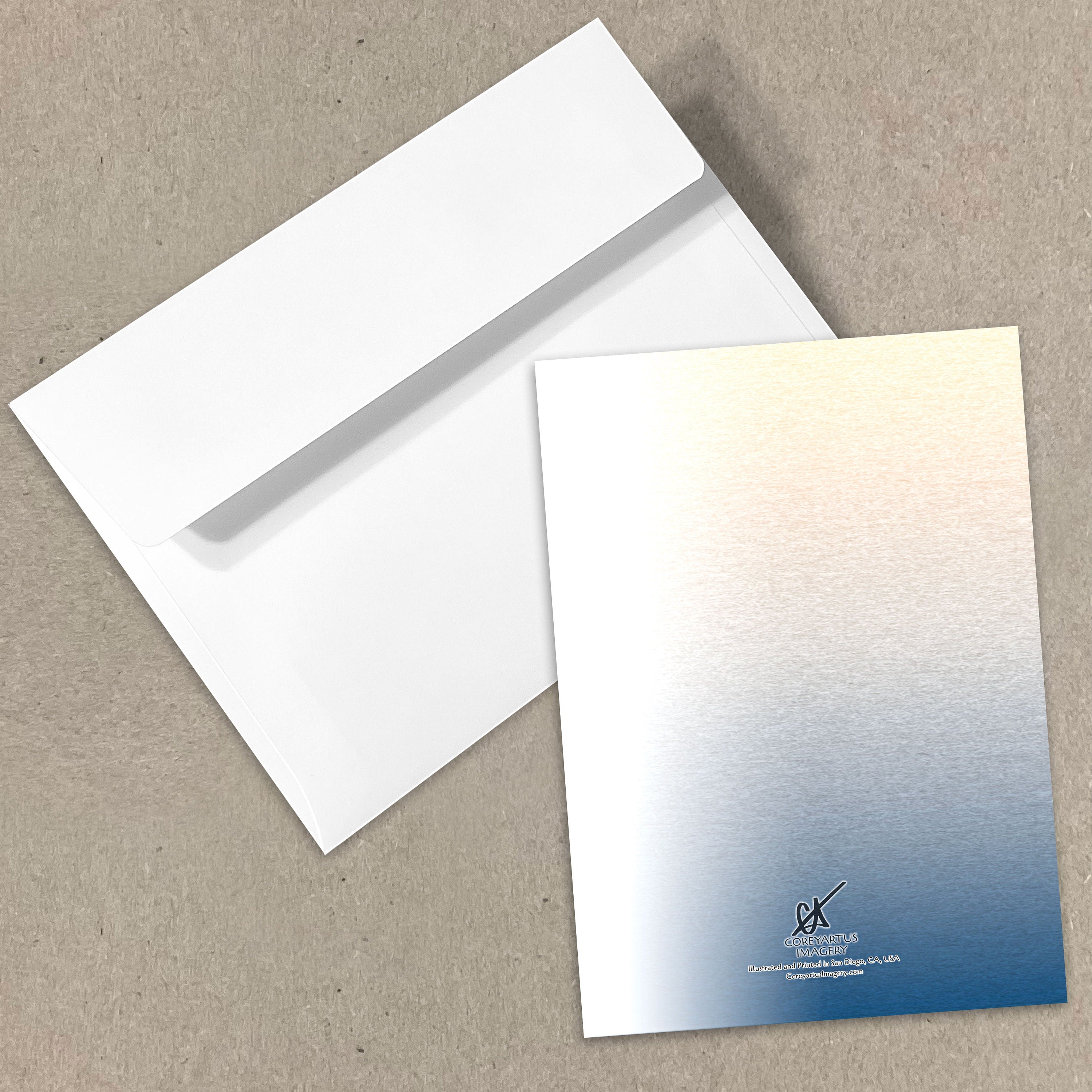 White envelope and gradient card on a beige background