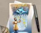 Greeting card with illustration of a man and fish on a textured surface with a pen.